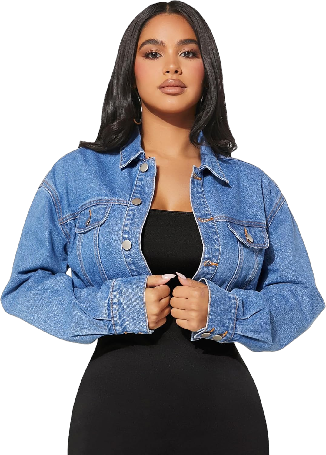 MakeMeChic Women's Casual Cropped Denim Jacket Long Sleeve Pocket Button Down Jean Jacket Light Wash XXL