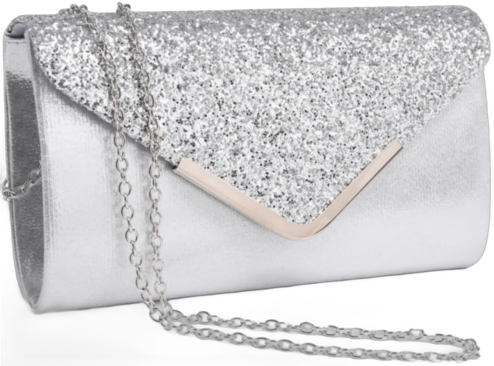 Dasein Women Evening Bags Formal Clutch Purses for Wedding Party Prom Handbags with Shoulder Strap and Glitter Flap Silver With Silver-tone Hardware