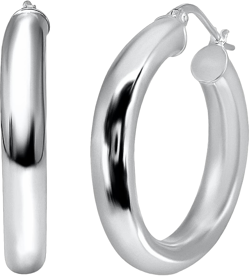 Thick Chuncy Hoops, 925 Sterling Silver High Polished 4mm Wide Round-Tube Click-Top, Hoop Earrings for Women, Tarnish and Nickel Free, Various Sizes 1" - 25mm