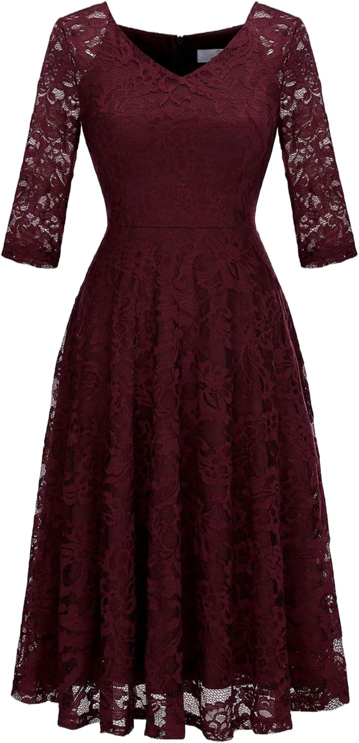 Dressystar Womens Long-Sleeve Wedding Guest Dress A-Line Lace Formal Party Cocktail Midi Dress Prom Gown Burgundy Large