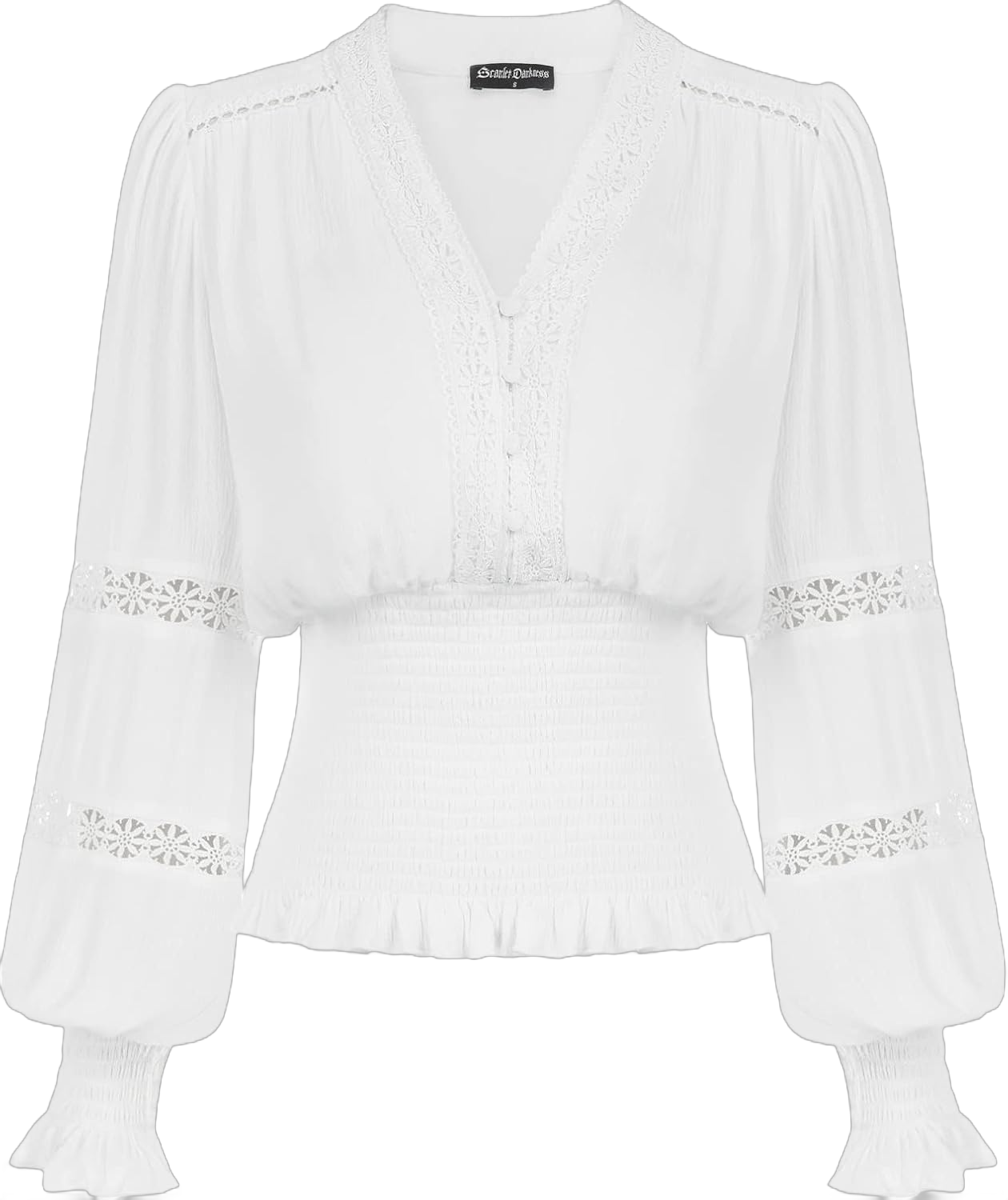 Scarlet Darkness Women's Renaissance Peasant Blouse V Neck Lantern Sleeve Lace Smocked Tops Medium White