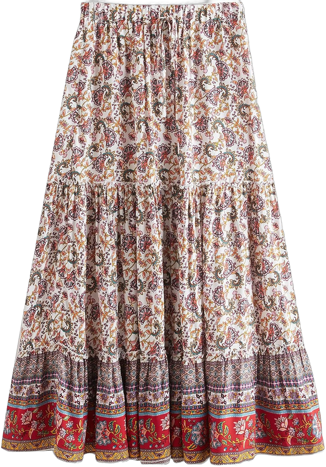 Milumia Women Boho Vintage Floral Print Long Skirt Summer Tiered Maxi Skirt Small White