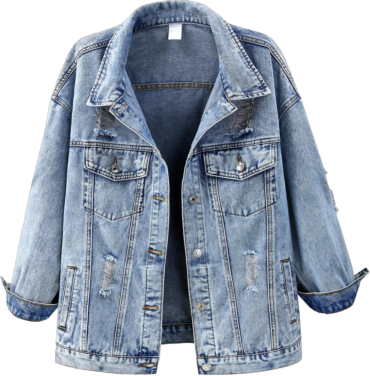 Ladyful Women's Long Oversized Denim Jacket Boyfriend Drop Shoulder Distressed Baggy Jean Jacket with Pockets