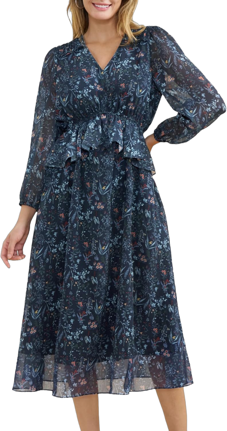 Women's Floral Split Midi Dress 2025 Spring Long Sleeve Ruffle Chiffon Dress with Pockets Wedding Guest Dress XX-Large Navy Blue