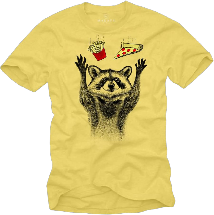 MAKAYA Raccoon T-Shirt for Men - Pizza & Fries Printed Graphic Tee Shirt Medium Yellow