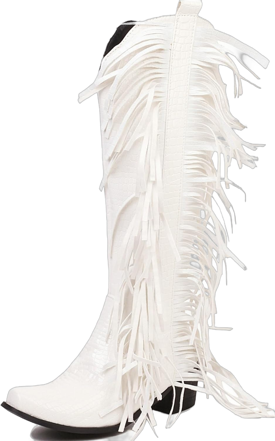 Women Fringe Knee High Cowboy Boots Vintage Long Tassel Chunky Heel Cowgirl Boots Pull On Pointed Toe Patent Leather Western Knee Length Boots 8.5 White