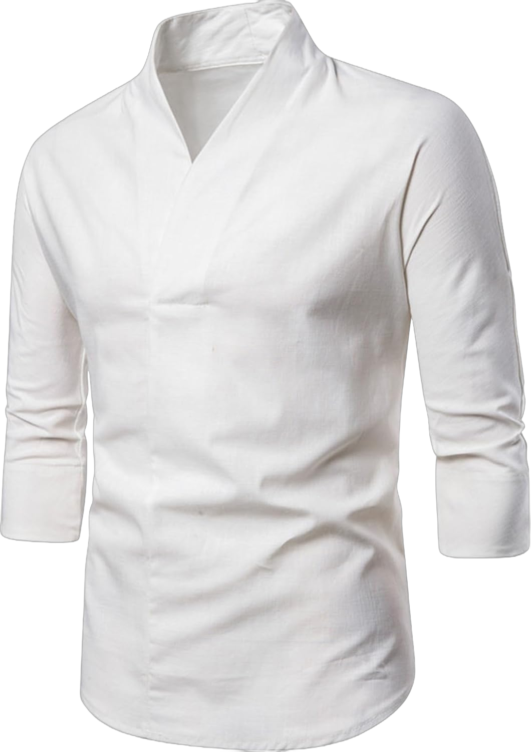 Mens Vintage Cotton Linen Shirt Hipster Mandarin Collar Top 3/4 Sleeve Casual Dress Tee Loose Fit Solid Color Tops 3X-Large White