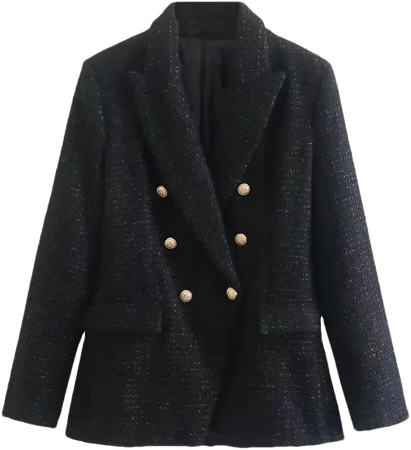 Women Double Breasted Tweed Blazer Coat Vintage Solid Work Office Long Sleeve Jacket with Pocket X-Large Black