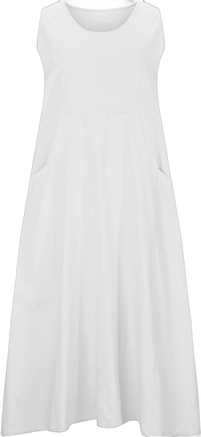 RKSTN Women Plain Cotton Linen Dresses Summer Sleeveless Maxi Dress Boho Casual Plus Size Loose Fit Long Dress with Pockets Small White