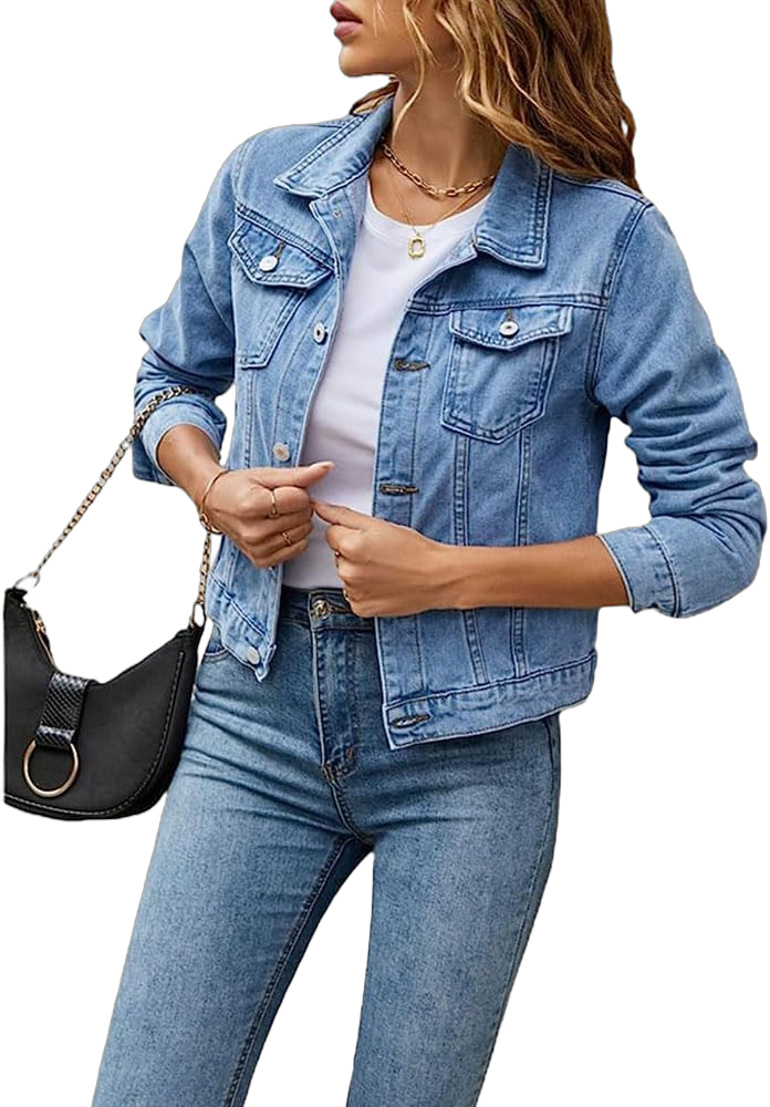 Chvity Womens Jean Jackets Fashion Casual Long Sleeve Button Down Denim Jacket with Pockets Light Blue Jean Jackets Large