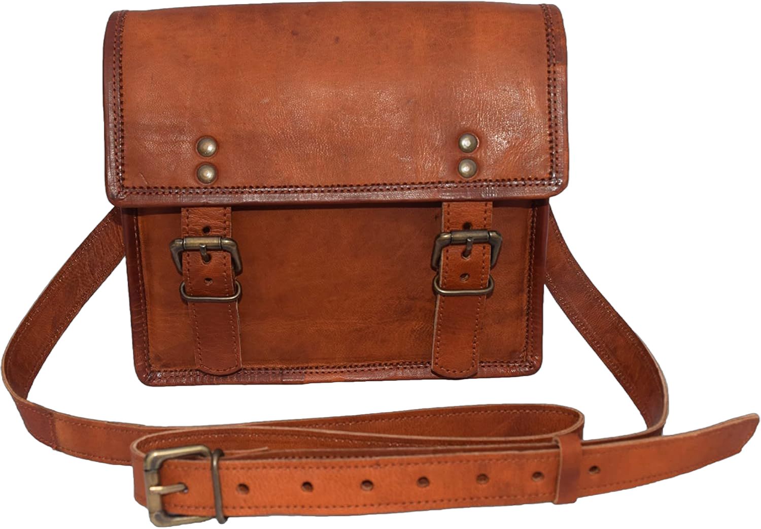 Genuine Leather Messenger Bag, Unisex Vintage Crossbody Bag with Spacious Compartments, Adjustable Straps, Antique Brass Accessories, 9-inch Mini