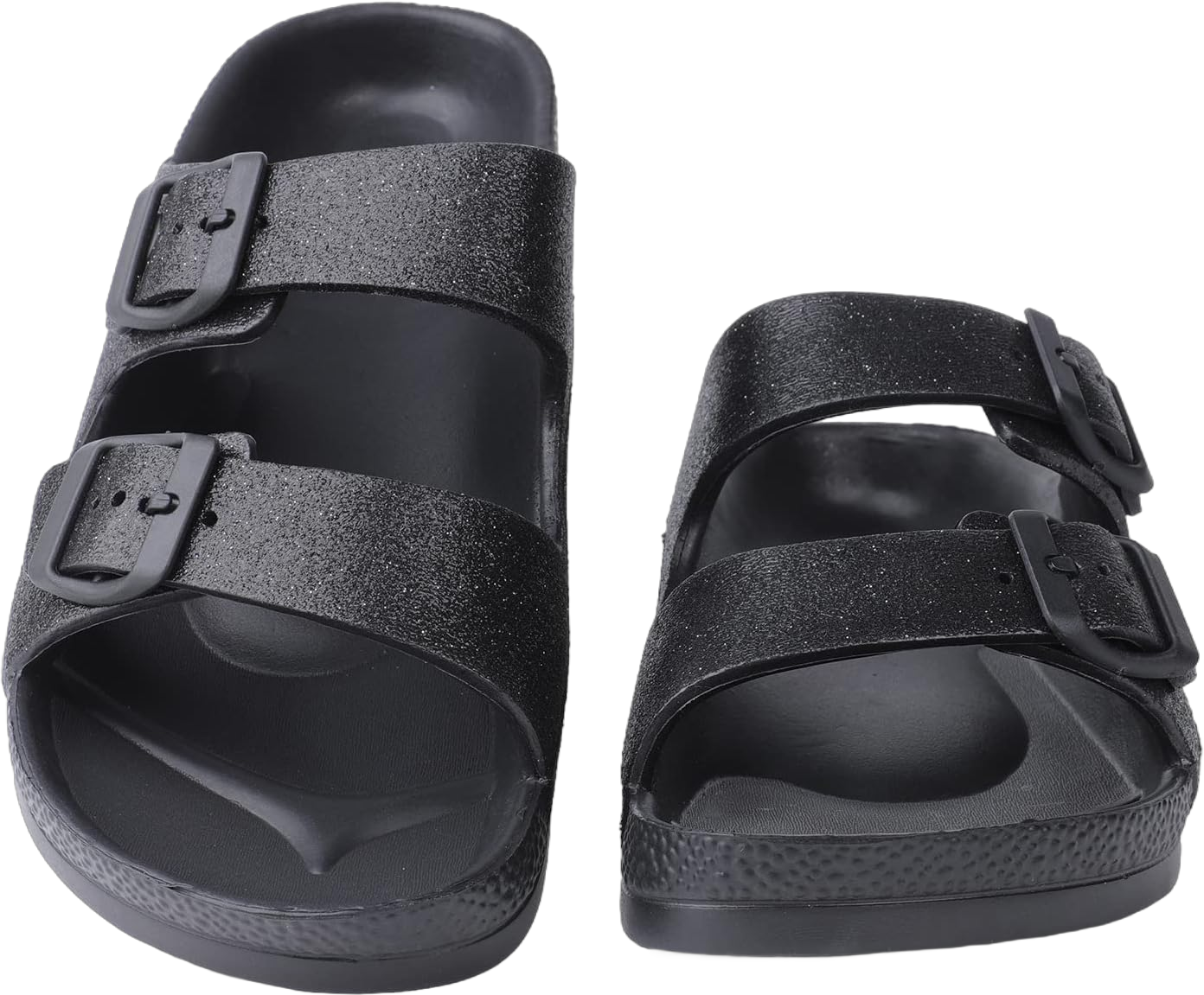 Unisex Men‘s and Women’s Lightweight Flat Sandals Waterproof Comfort Soft Slides Double Buckle Adjustable EVA Slip-on Flat Sandals 8 Women/6 Men Glitter Black