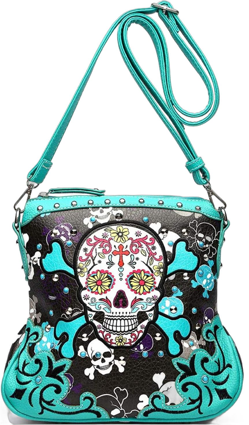 Sugar Skull Day of the Dead Cross Bone Rock Metallic Purse Skeleton Leather Purse Women Crossbody Handbag Shoulder Bag Teal