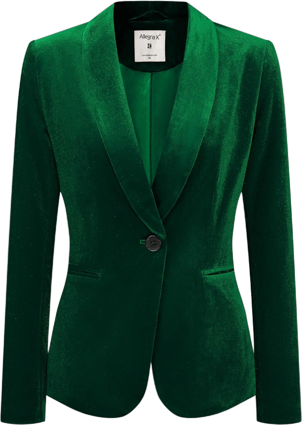 Allegra K Women's Halloween Office Solid Shawl Collar Jetted Pockets One Button Velvet Blazer Green Medium