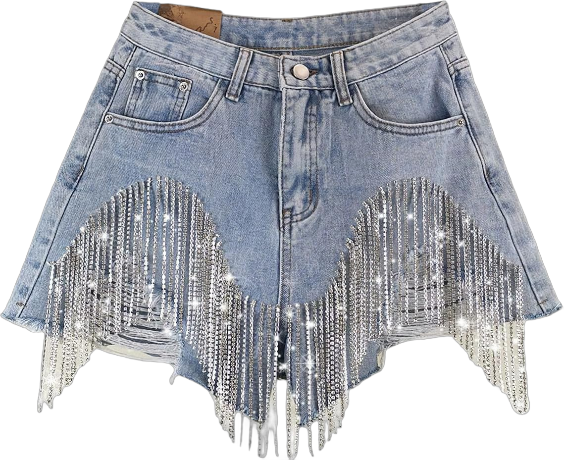 Women's Diamond Tassels Denim Shorts Summer High Waist Ripped Jeans Shorts with Rhinestone Fringe X-Small Light Blue