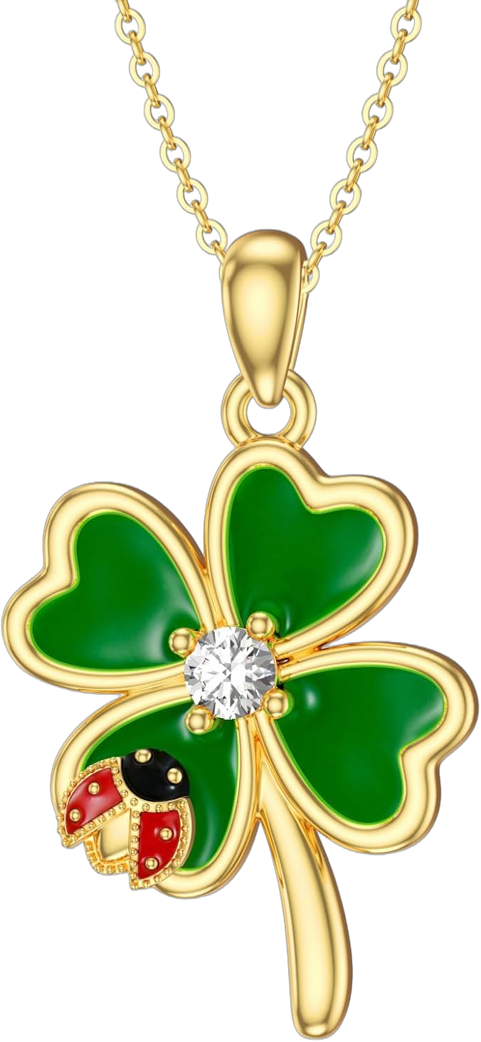 Aihpos Four Leaf Clover Necklace for Women 14K Solid Gold Green Lucky 4 Leaf Clover Necklace Ladybug Necklace 14K Gold