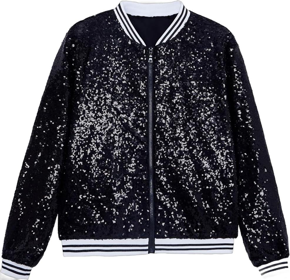 A ARFAR Women Sequin Jackets Striped Collar Glitter Varsity Bomber Sparkly Coat Party Outwear Lightweight Ladies Cloth Small Black