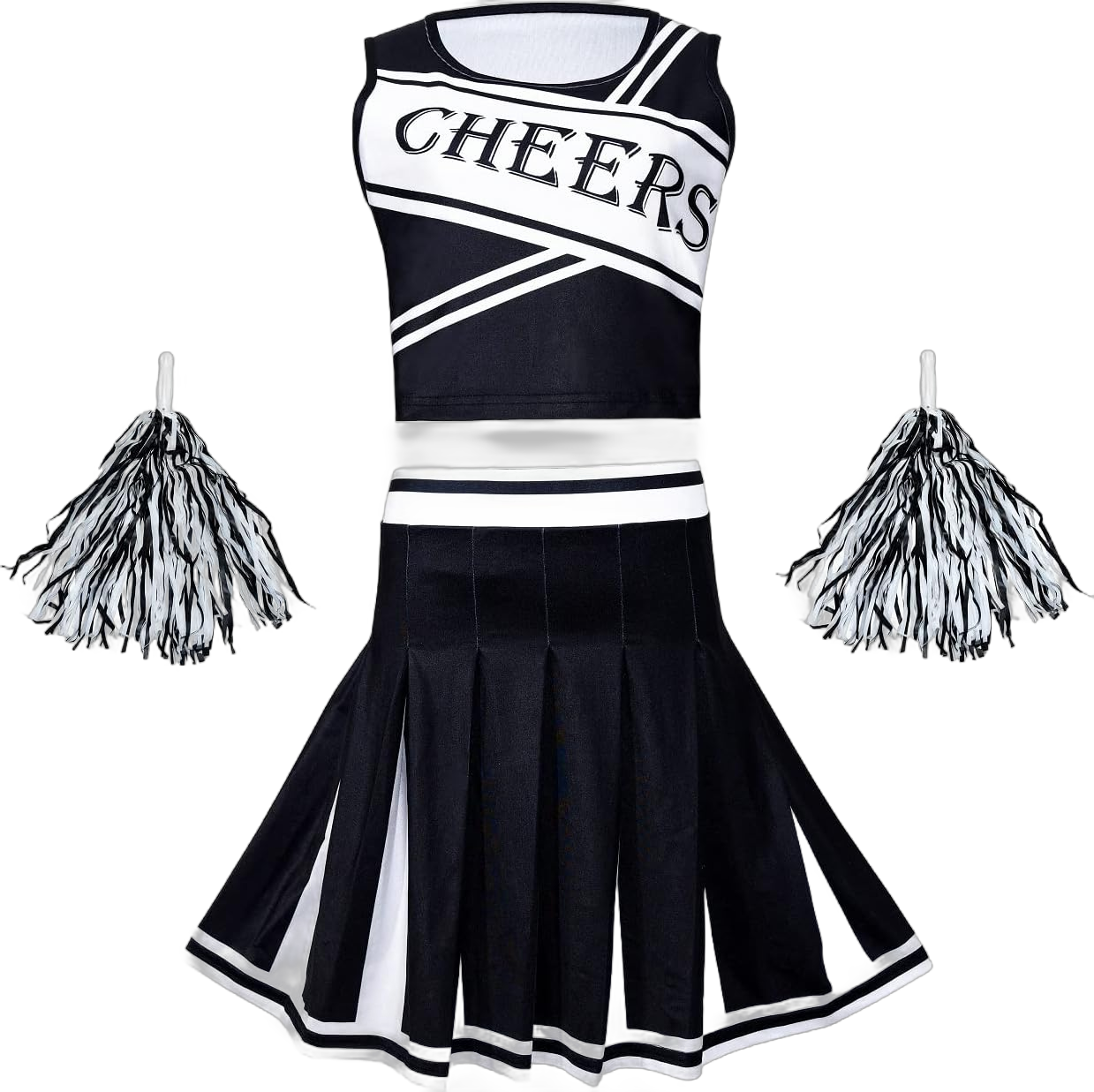 Colorful House Cheerleader Halloween Costume School Uniform Fancy Dress Complete Outfit+Pom-Pom for Girls womens X-Large Black&white