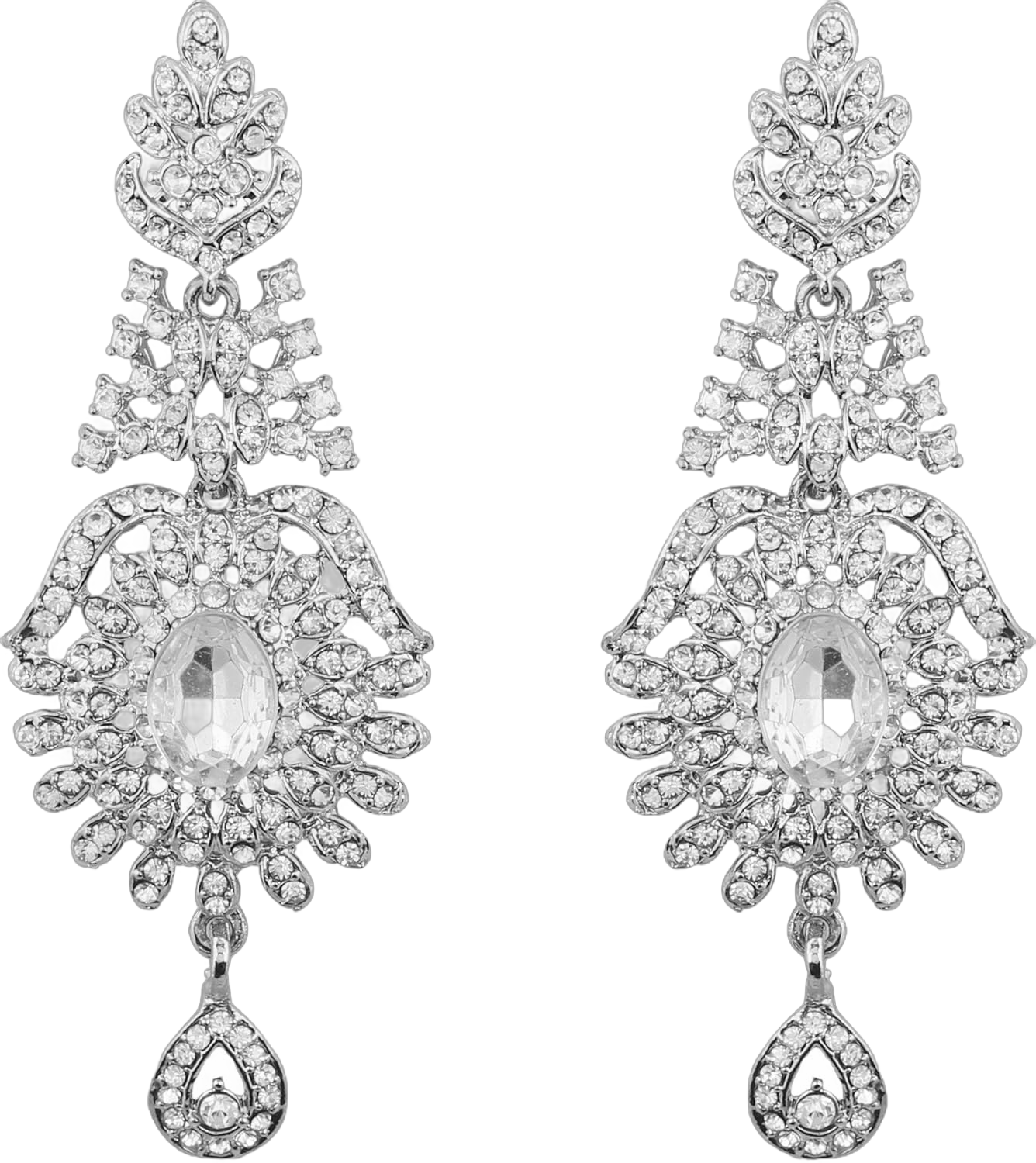 Touchstone Indian Bollywood Studded Style Stunning Tiny Round Big Oval Shape Rhinestone Designer Jewelry Long Chandelier Earrings For Women. D349 White