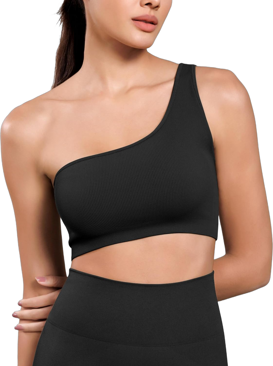 ODODOS Seamless One Shoulder Sports Bra for Women Ribbed Asymmetrical Non Padded Yoga Crop Tank Tops, Lycra Black, Small