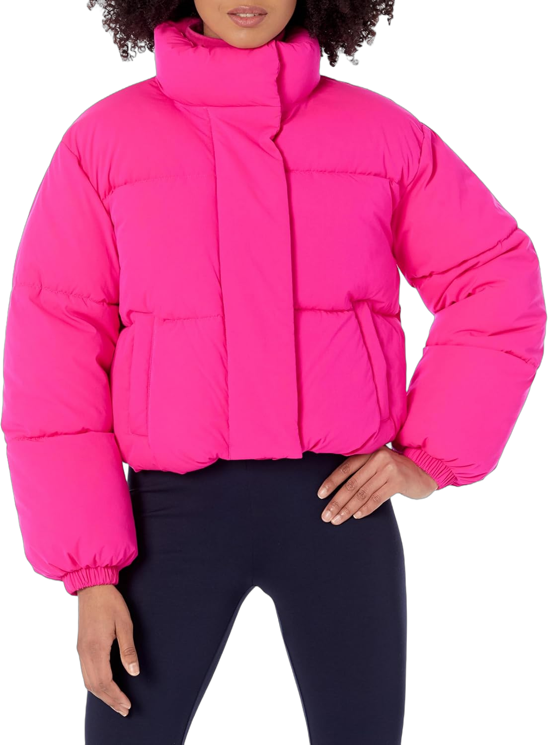 Amazon Essentials Women's Cropped Full-Zip Puffer Jacket (Quilted Matte or Sherpa Fleece) Large Neon Pink