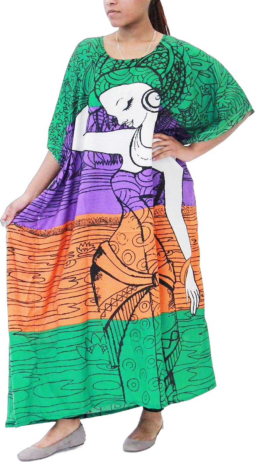 KARACHIC BY NF Women Kaftan Dresses African Print Maxi Dress for Beach, Casual wear, Lounge, Shopping, Cover Up with Headwrap Color-12 One Size