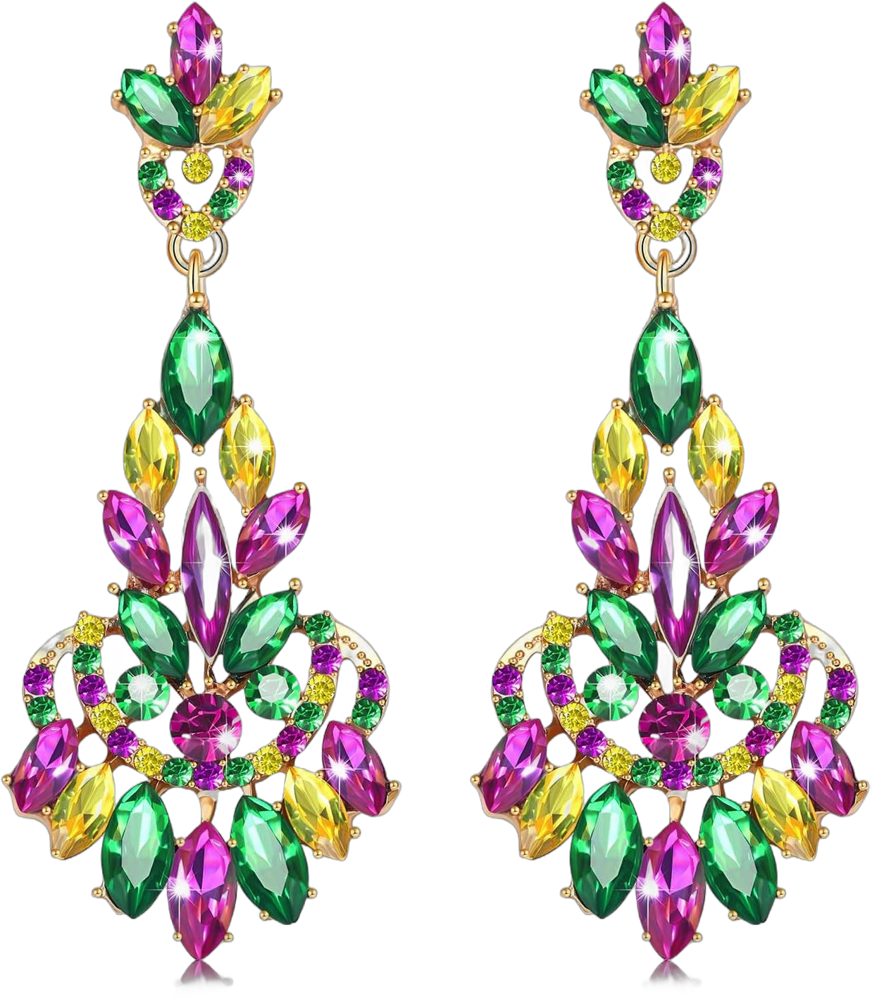 Mardi Gras Earrings for Women, Rhinestone Mardi Gras Accessory, Purple Green Gold Crystal Earrings Fat Tuesday Carnival Parade Party Jewelry Gifts Style J