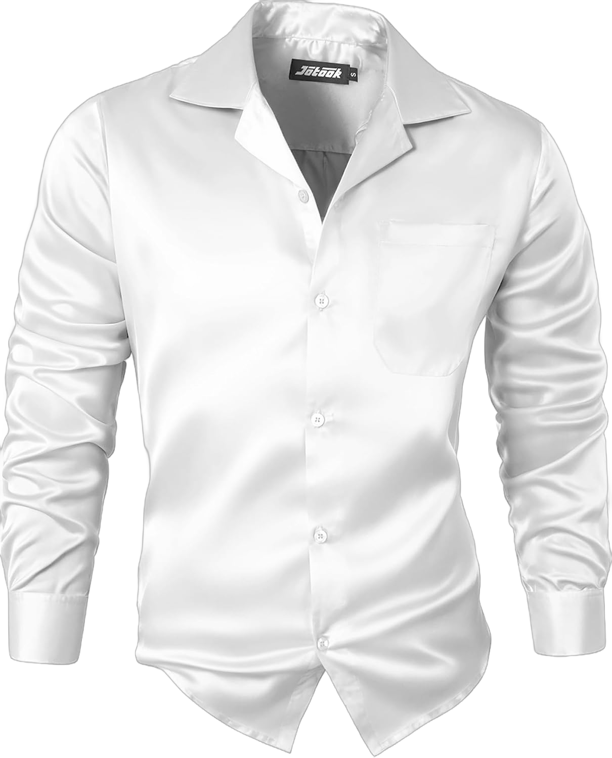 Mens Luxury Satin Silk Dress Shirts Wrinkle Free Casual Button Down Long Sleeve Shirt Prom Wedding Shirt Medium White