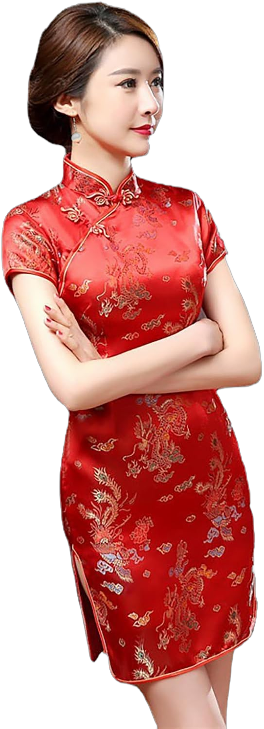 Chinese Style Dress Improves Cheongsam Temperament, Retro Long Silk Printed Daily Banquet Women's Performance Clothing Large Red