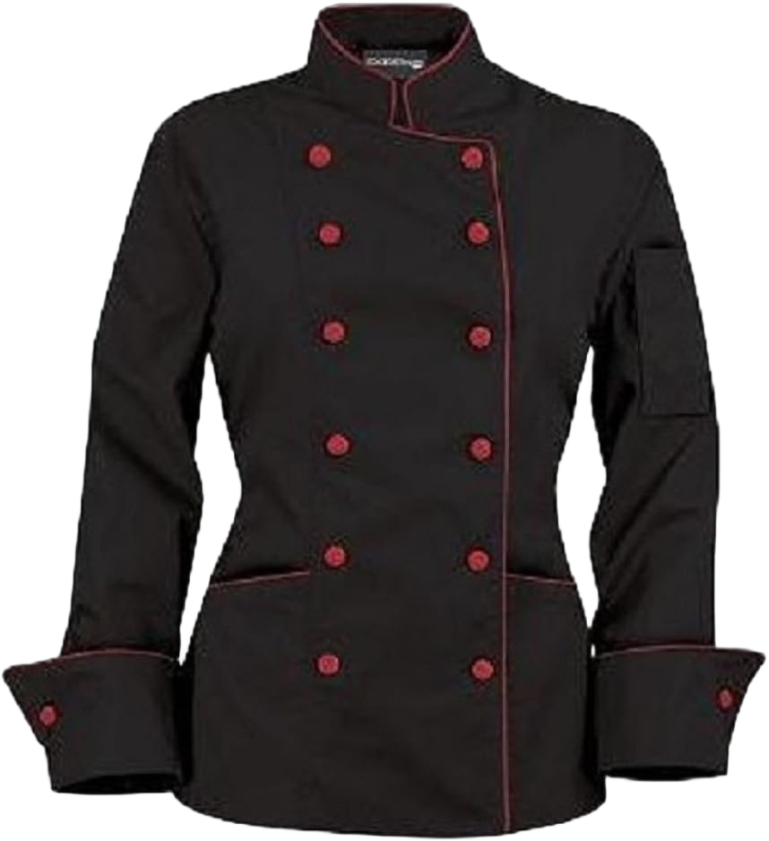 Long Sleeves Tailored Fit Chef Jacket Coat Uniform for Women for Food Service, Caterers, Bakers and Culinary Professional (L (to Fit Bust 38-39), Black (Red Trim))