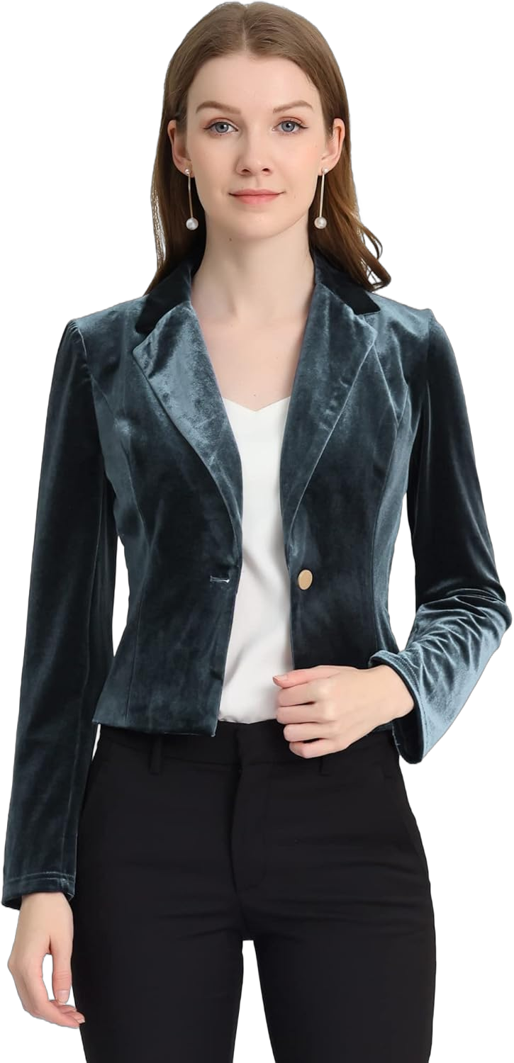 Allegra K Women's 1 Button Velvet Blazer Lapel Business Office Christmas Crop Suit Jacket X-Small Grey Blue