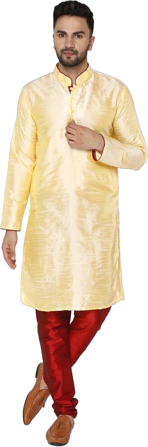 SKAVIJ Mens Indian Kurta Pajama Set Art Silk Evening Attire Casual Trendy Regular Fit Outfit Large Beige