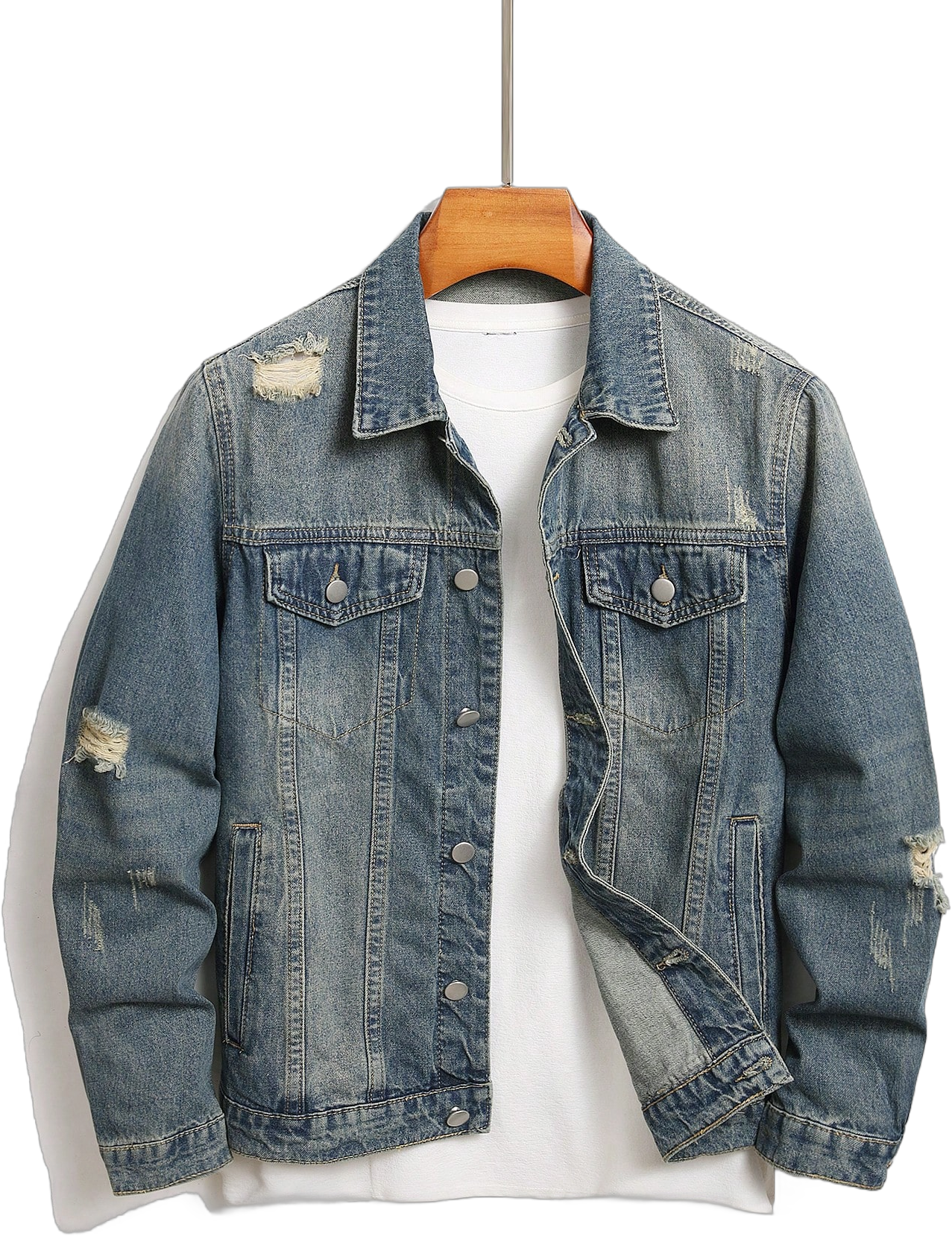 Manfinity LEGND Men's Autumn Casual Everyday Washed Distressed Front Button Denim Jacket