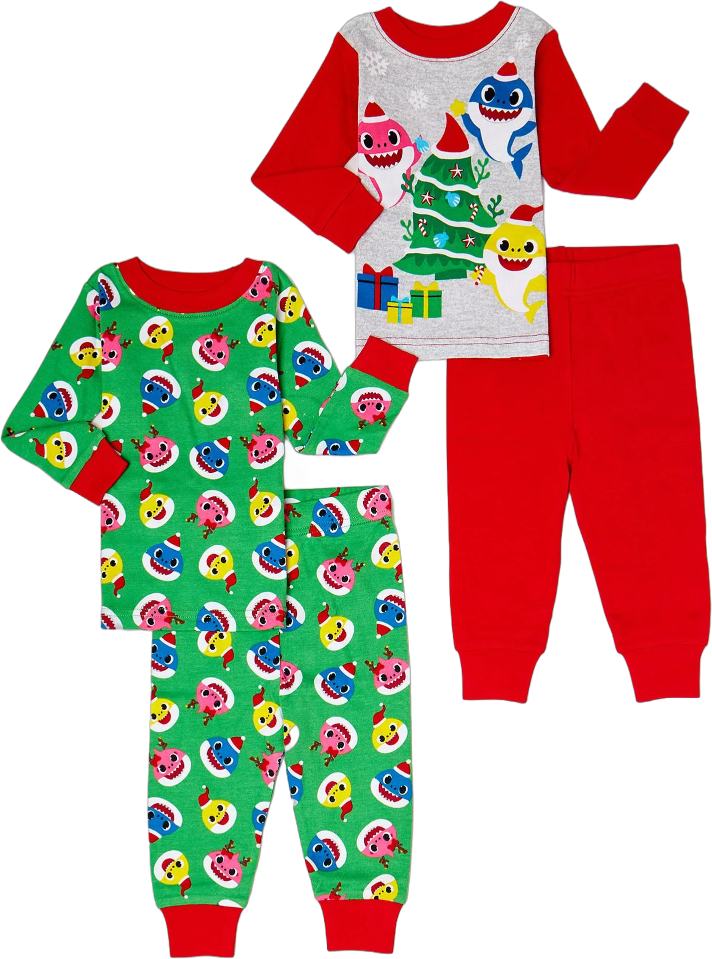 Baby Shark Christmas Holiday Toddler Boy and Girl Unisex Cotton Pajama Set, 4-Piece, Sizes 12M-5T