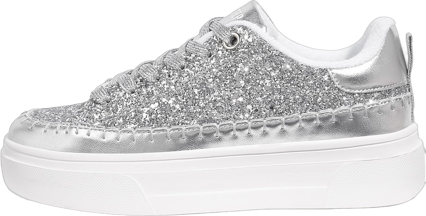 LUCKY STEP Platform Glitter Sneakers for Women Fashion Sparkly Bling Shiny Low Top Tennis Sneakers Faux Leather Casual Walking Shoes 10 Silver Glitter