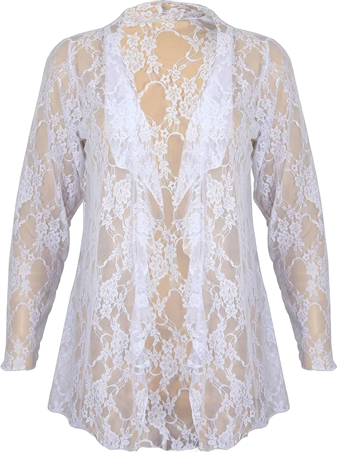 Sheer Shrug Long Sleeve Open Front Floral Pattern Lace Waterfall Kimono Cardigan Top for Woman (US 8 – 24) 14 White