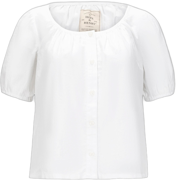 Hope & Henry Women's Bubble Sleeve Button Front Relaxed Linen Top, White Puff Linen, 4