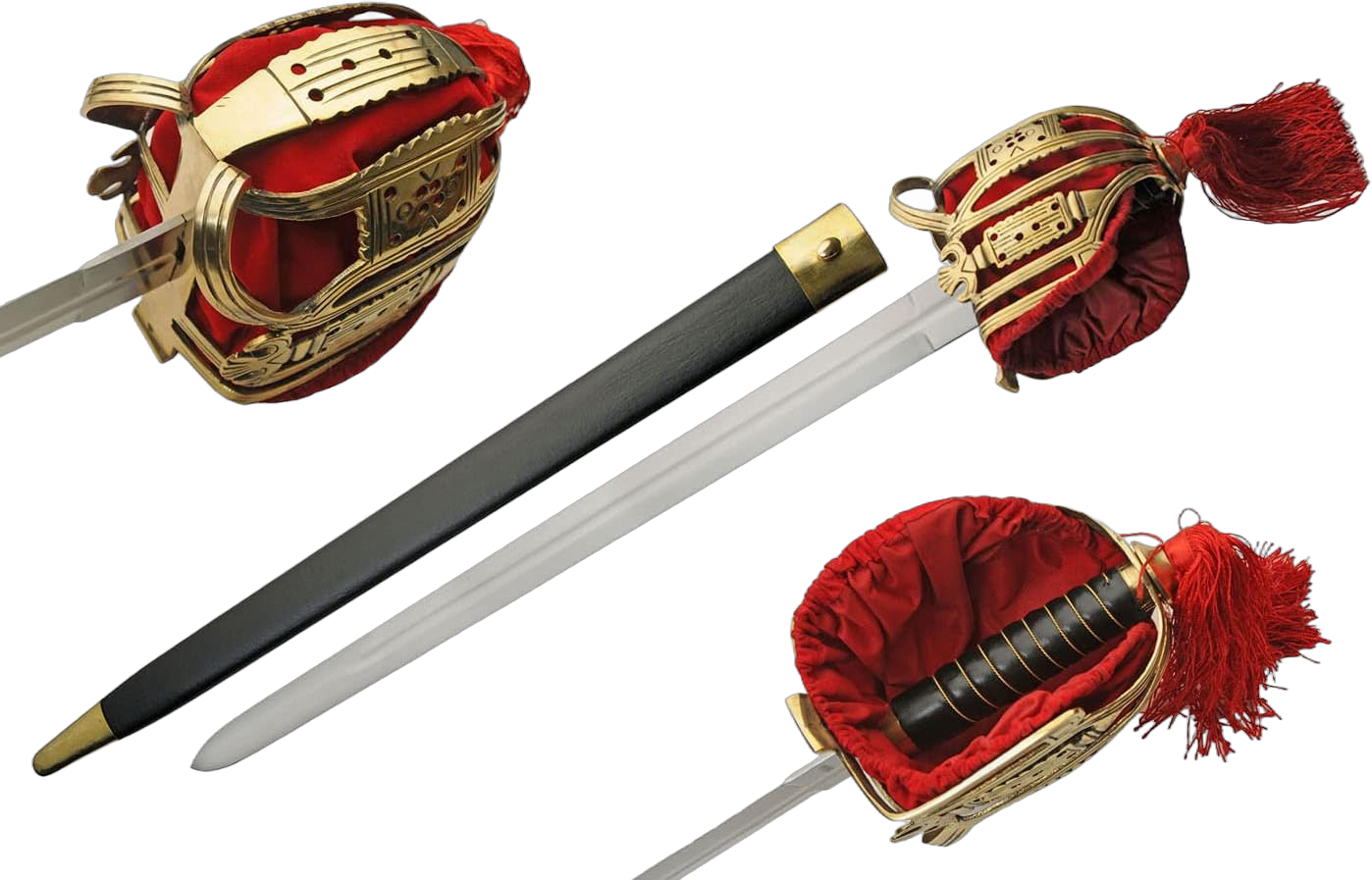 SZCO Supplies 38" Scottish Sword- Ceremonial Sword with Basket Hilt, Red Suede Handle, and Leather-Wrapped Scabbard – Stainless Steel Sword, Real Swords for Adults for LARP Collectors and Costumes