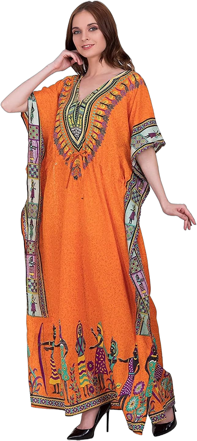 African Print Women Kaftan Dress Tunic Long Maxi Plus Size Polyester Print Caftan Gown Beach Party Casual Kimono Nightdress One Size Orange