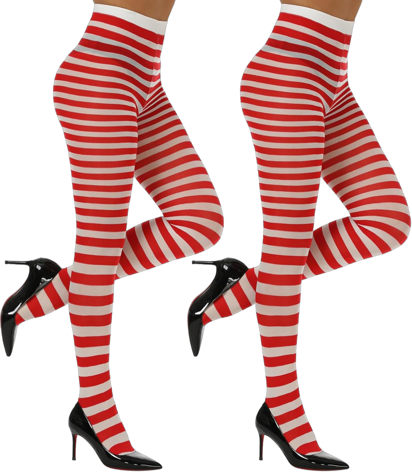 MANZI Striped Tights for Women Footed Stretchy Tights Opaque Pantyhose for Halloween Xmas 2 Pairs One Size Red+white