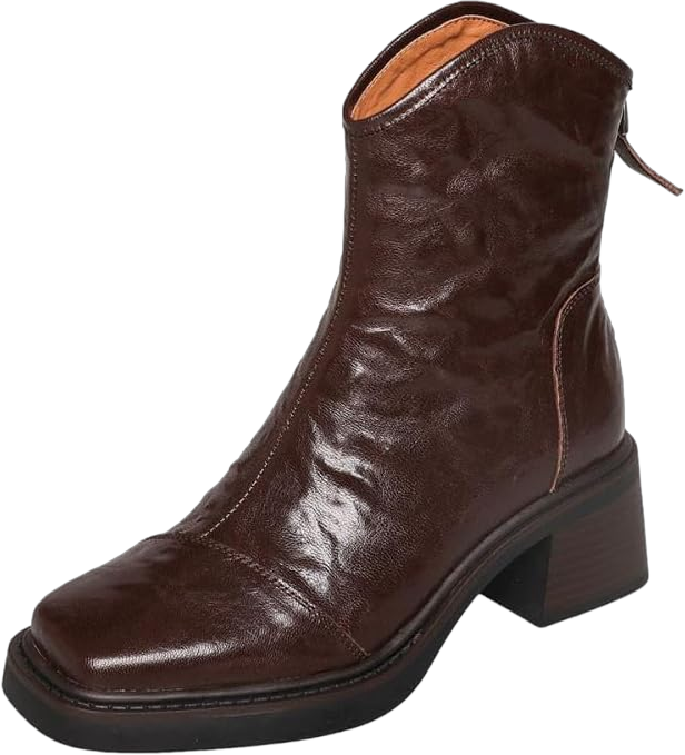 TinaCus Women's Handmade Genuine Leather Back Zip Square Toe V-Cut Platform Mid Block Heel Ankle Boots 8 Brown