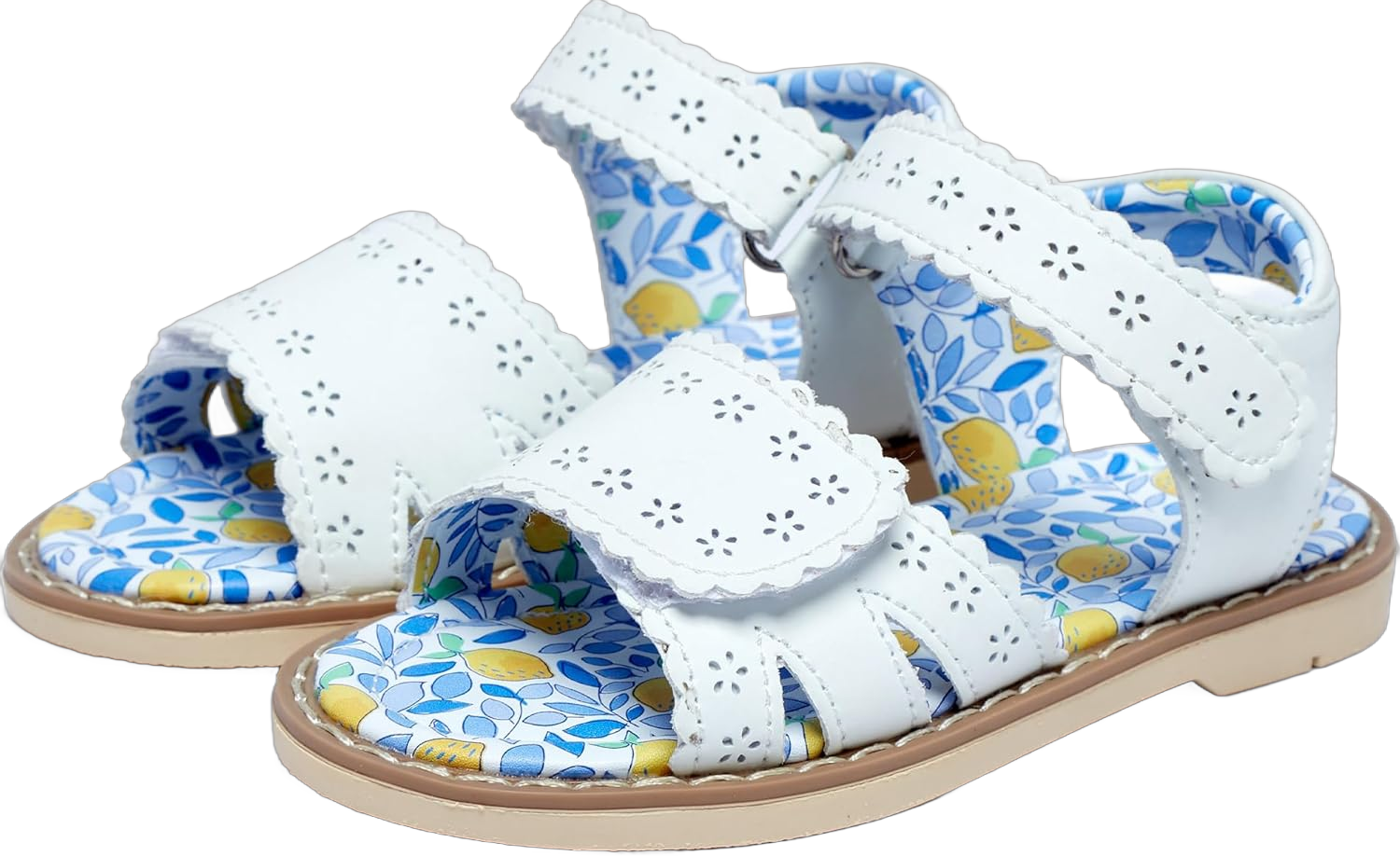 Open Toe Double Button Girl Sandals With Flowers, Summer Breathable Beach Shoes, Genuine Leather Soft Anti Slip Flat Sandals (Girls/Children) 11 Wide Little Kid White