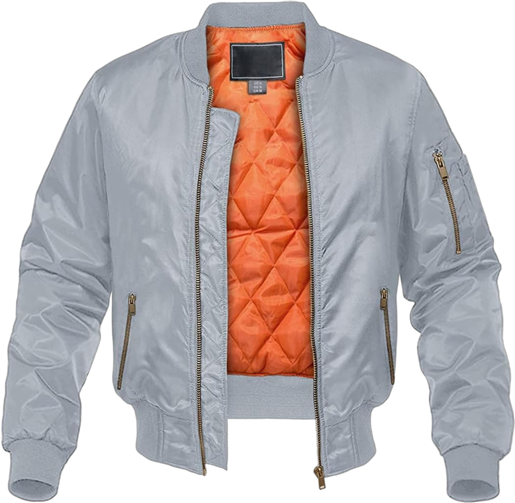 Mens Pilot Jacket Thick Warm Orange Lining Bomber Jacket Autumn Winter Fashion Jacket X-Large Light Gray