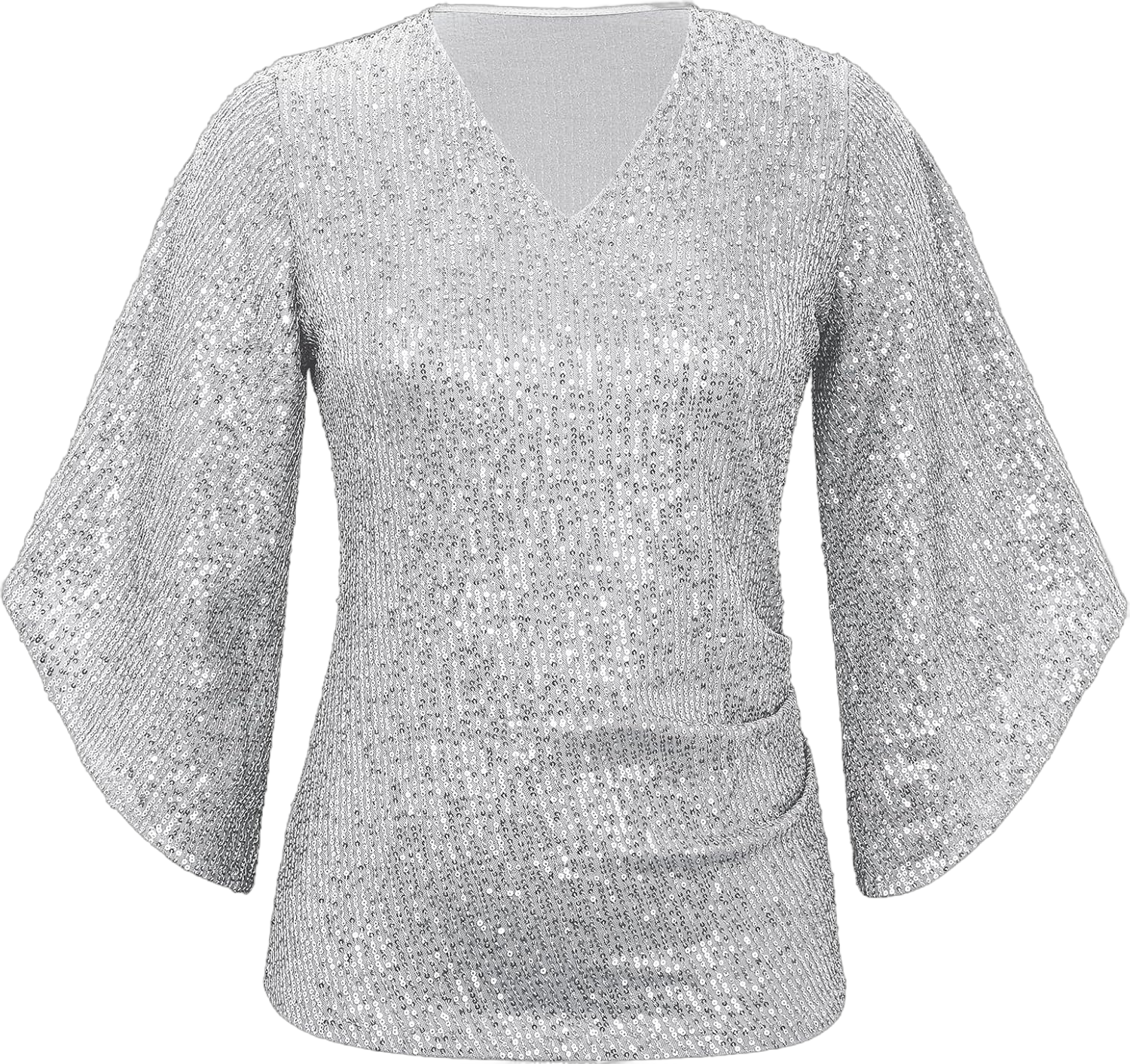 Sequin Tops for Women 3/4 Sleeve Blouse for Women Dressy Sparkly Tops V Neck Outfits for Party Womens Glitter Tops Silver 2XL