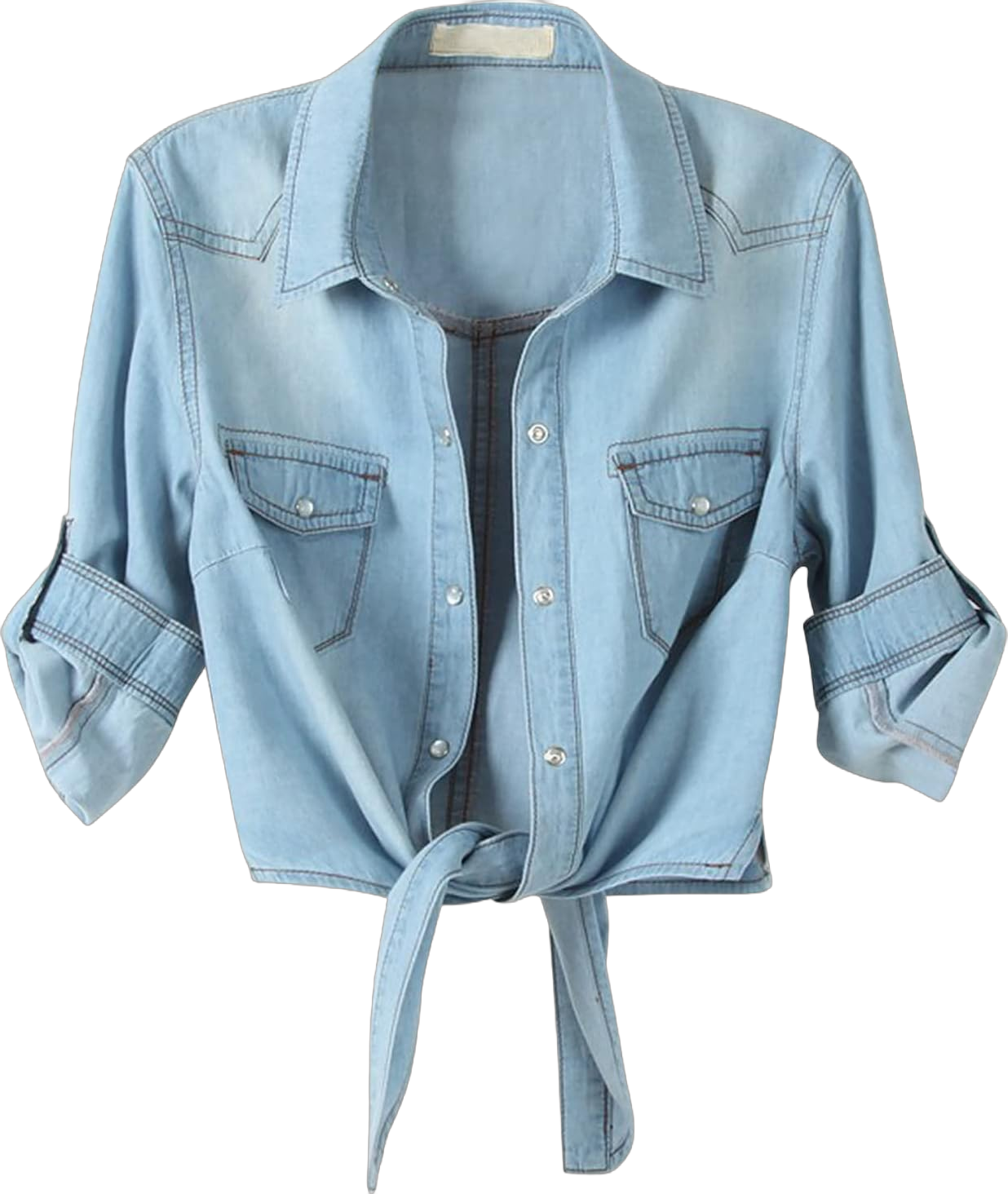 American Trends Women's Denim Shirt 3/4 Sleeve Tie Front Top Knot Chambray Cardigan Button Shirt Jean Crop Top Jacket Medium Light Blue