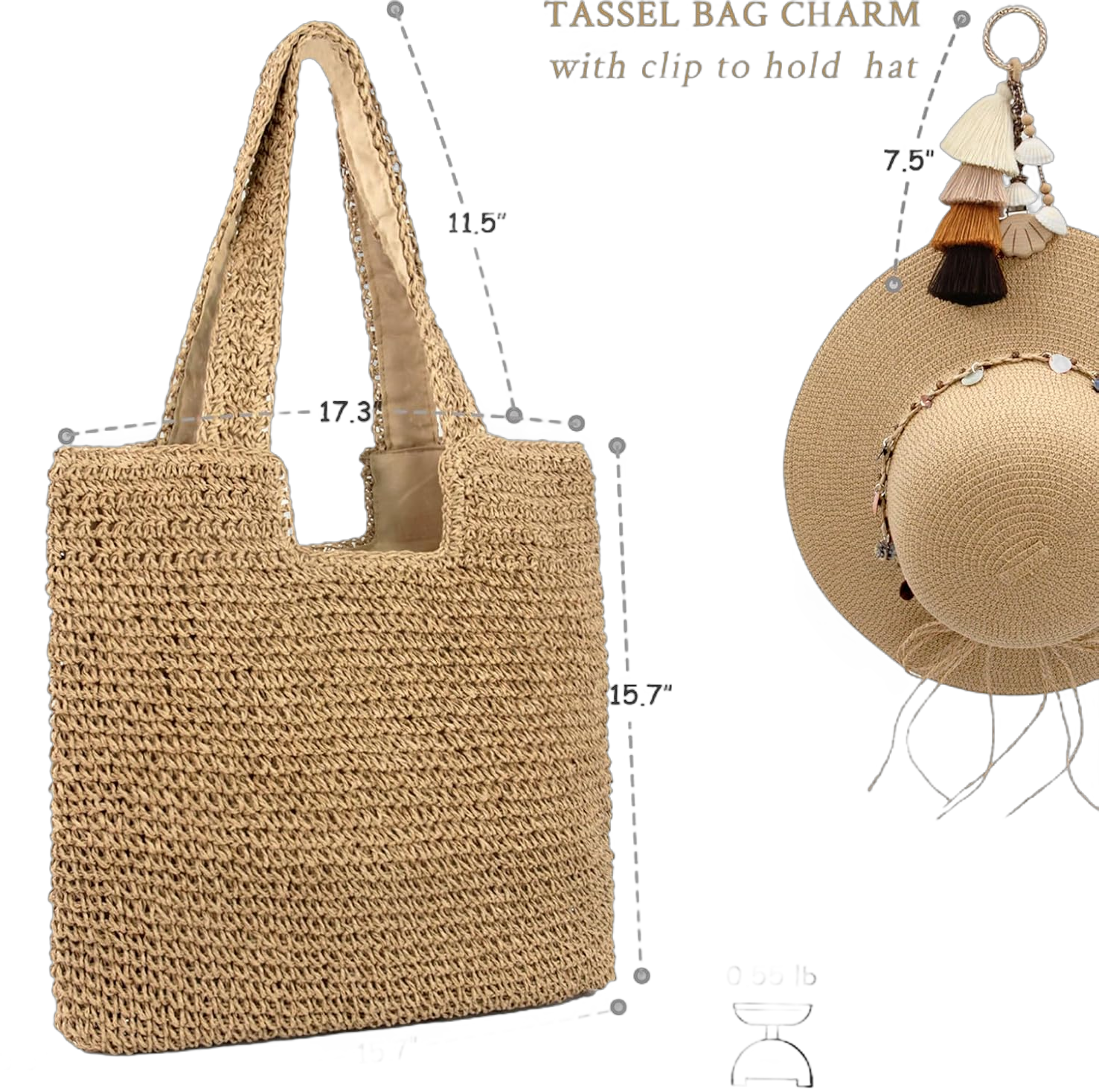 Straw Beach Tote Bag with Tassel Hat Clip for Travel Vocation, Lightweight Raffia Summer Shoulder Bag for Women Khaki