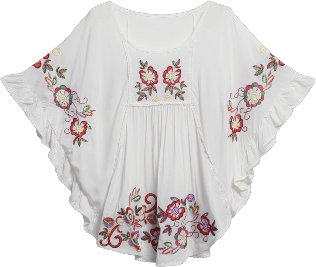 Kafeimali Women's Tops Embroidered Loose Peasant Mexican Blouse Shirt One Size White