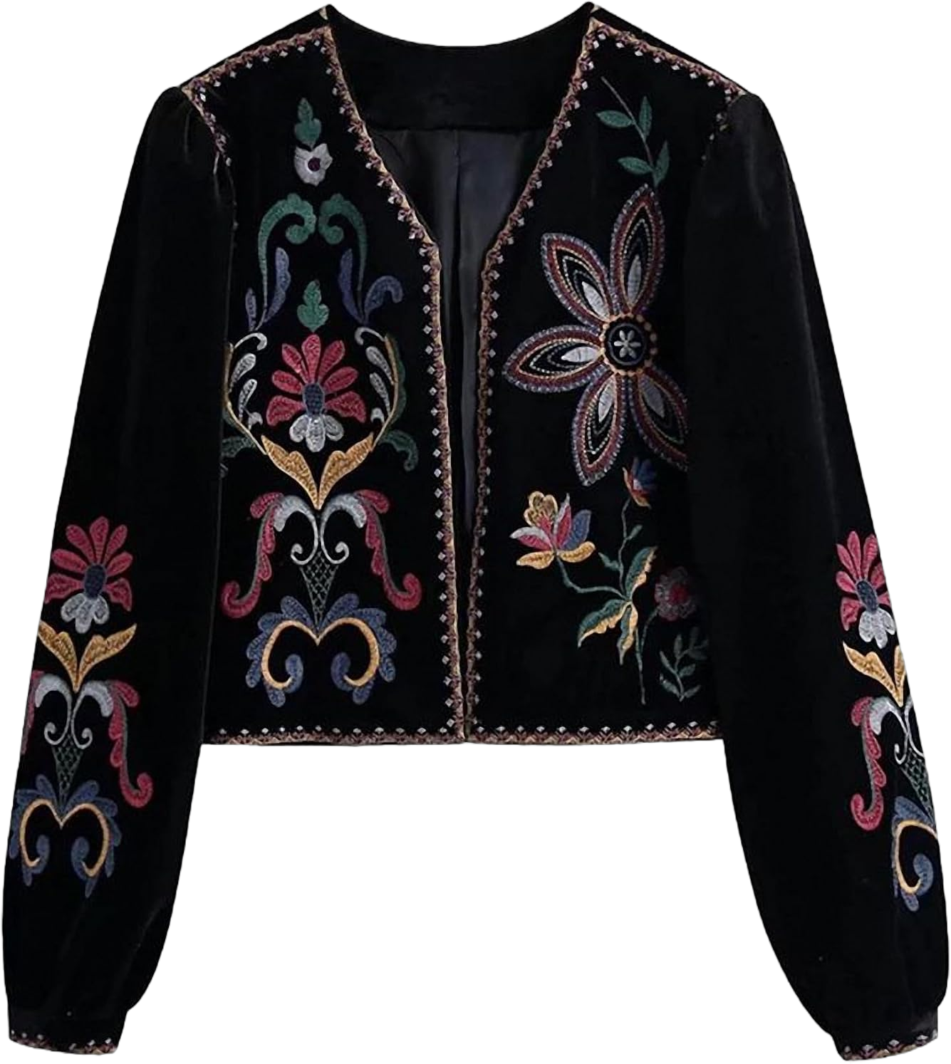 Dawery Embroidery Jacket Women Velvet Cropped Coat Female Retro Boho Floral Autumn Casual Long Sleeve Black Outerwear Medium Black