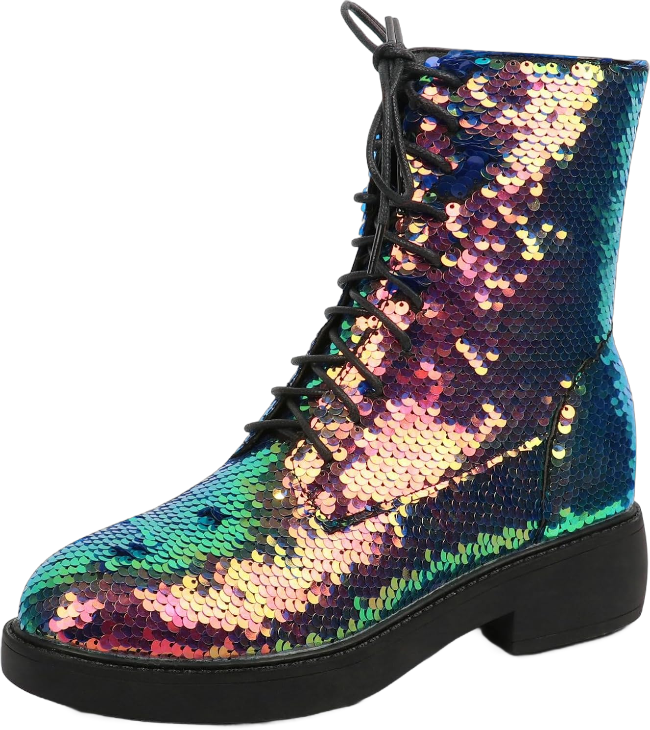 MAVMAX Women's Sequin Combat Boots Lace up Glitter Platform Chunky Heel Sparkly Ankle Boots 8.5 Iridescent