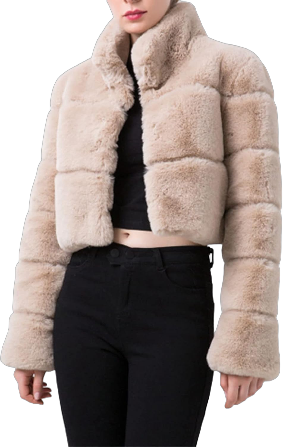 Faux Fur Coat Women Cropped Fuzzy Fleece Lapel Jacket Party Tops for Winter Warm Open Front Cardigan Fashion Outerwear Medium Khaki